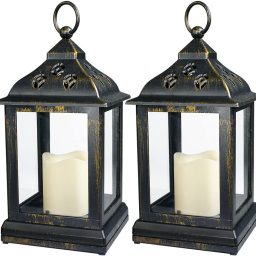 Bright Zeal 2-Pack 9.5" Distressed Bronzes Indoor Candle Lantern with LED Flameless Candle - Battery Operated Lanterns Indoor Decorative Lanterns with Timer Candles