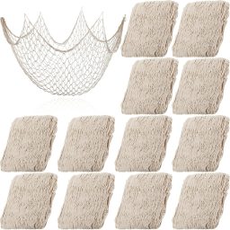 Chumia 12 Pcs Fish Net Decorative Hanging Party Supplies 78.7 x 59 Inch Nautical Party Decorations Natural Cotton Fishnet Accessory for Hawaiian Pirate Fishing Theme Supplies (Beige)