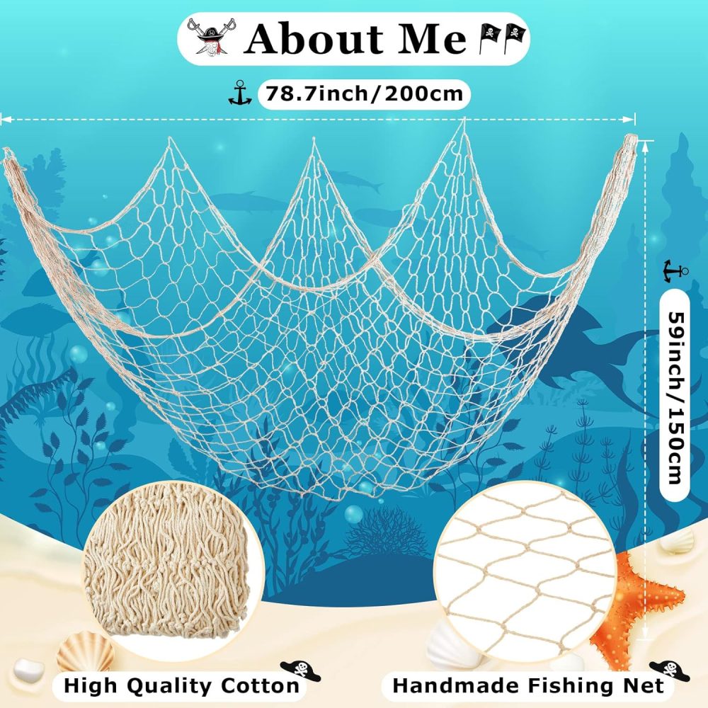 Chumia 12 Pcs Fish Net Decorative Hanging Party Supplies 78.7 x 59 Inch Nautical Party Decorations Natural Cotton Fishnet Accessory for Hawaiian Pirate Fishing Theme Supplies (Beige) - Image 2