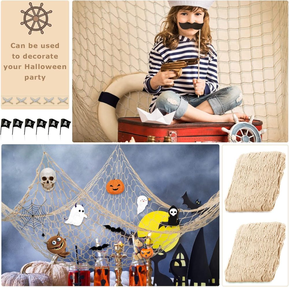 Chumia 12 Pcs Fish Net Decorative Hanging Party Supplies 78.7 x 59 Inch Nautical Party Decorations Natural Cotton Fishnet Accessory for Hawaiian Pirate Fishing Theme Supplies (Beige) - Image 4