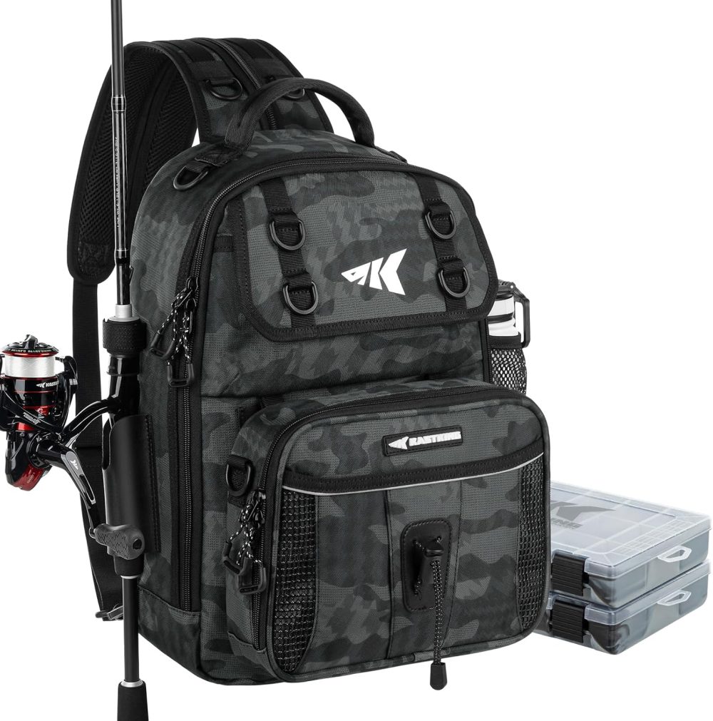 KastKing BaitSpace Fishing Sling Bag, Fishing Backpack with Rod & Beverage Holder, Tackle Bag for Fishing Gear